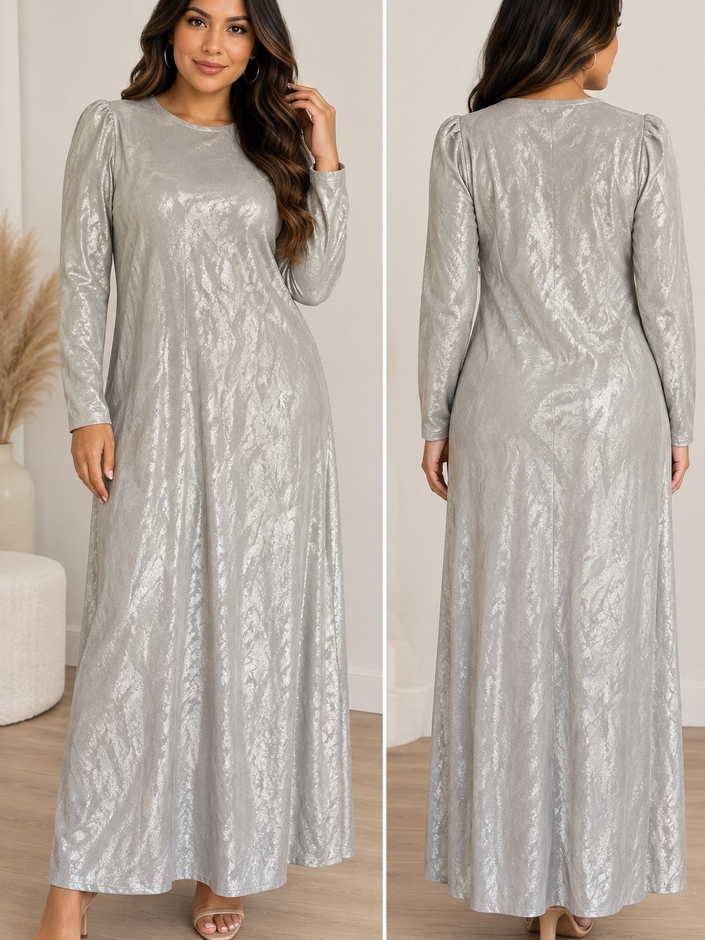 Current Air Silver Shimmer Long Sleeve Maxi Dress